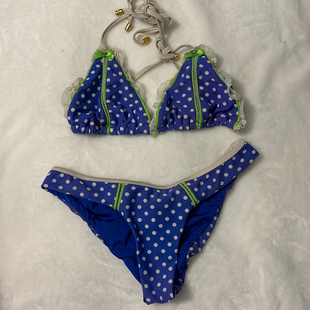Beach Bunny blue / white polka dot bikini with lace & lime green stitching.